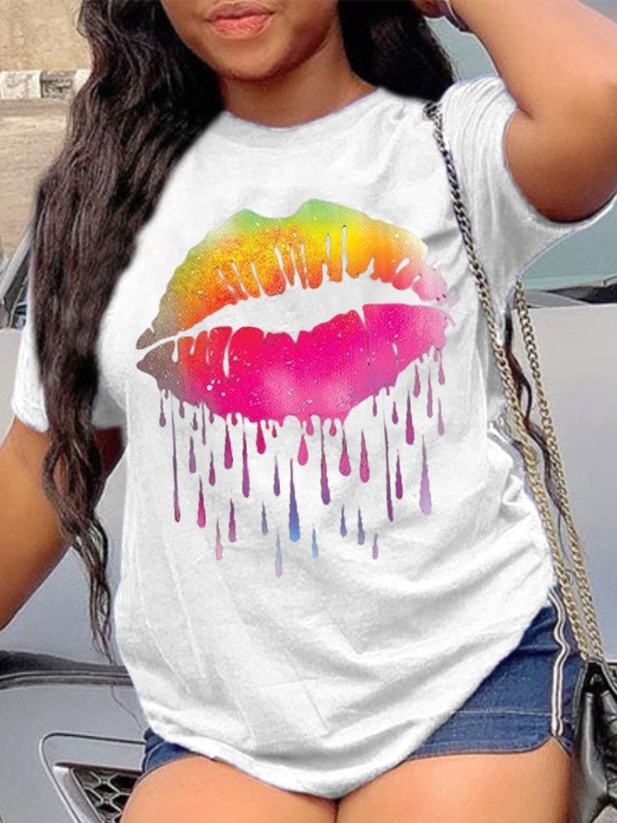 

Lovely Plus Size Casual O Neck Lip Print White T-shirt