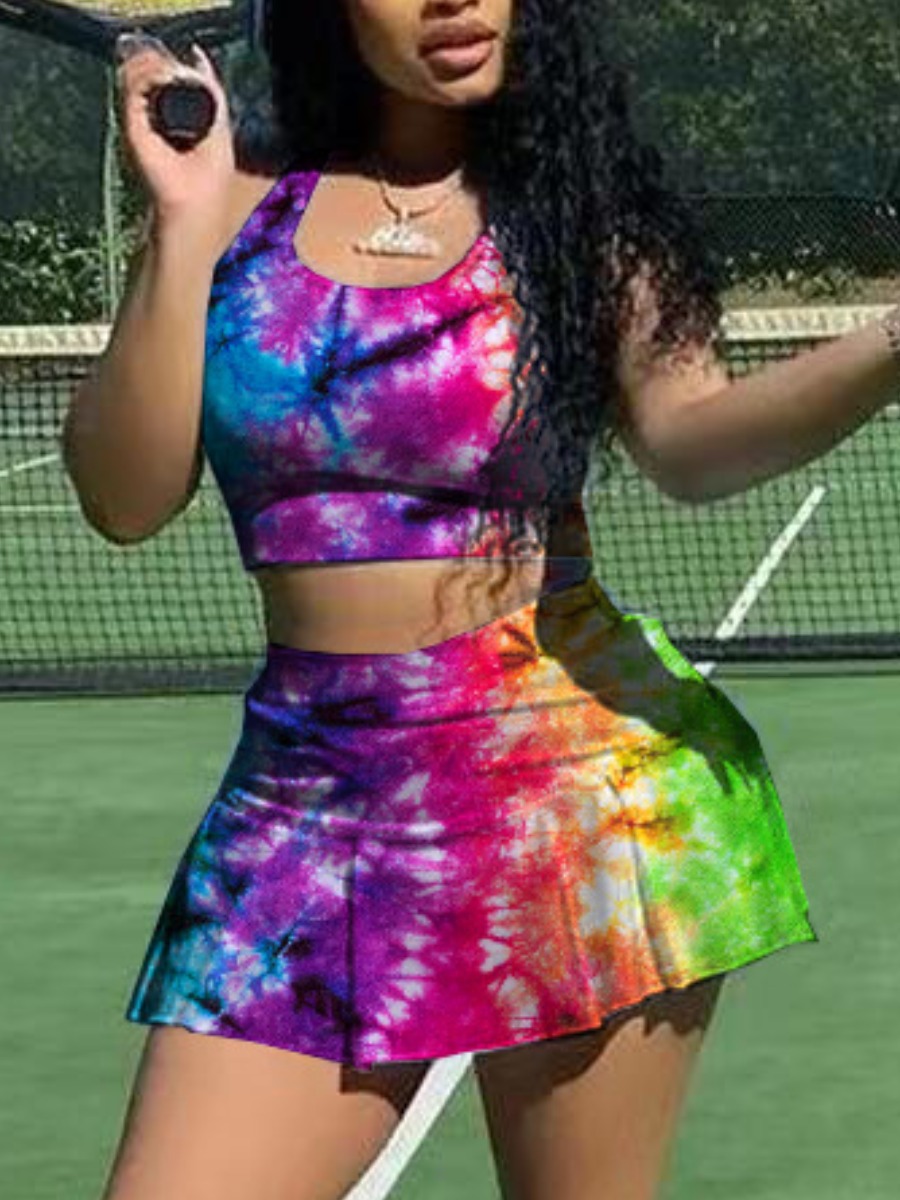 

Lovely Street Tie Dye Flounce Design Purple Two Piece Skirt Set