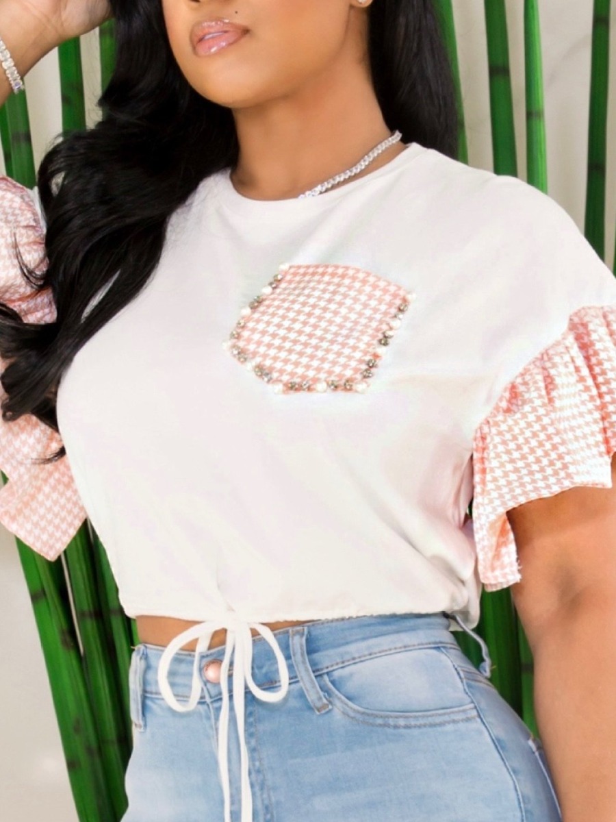 

LW Street Plaid Print Flounce Design Pink Blouse