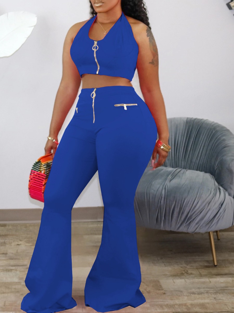 

Lovely Casual Bandage Design Flared Blue Two Piece Pants Set