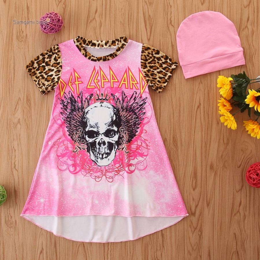 

Lovely Girl Street Skull Head Leopard Print Pink Knee Length Dress (With Hat)