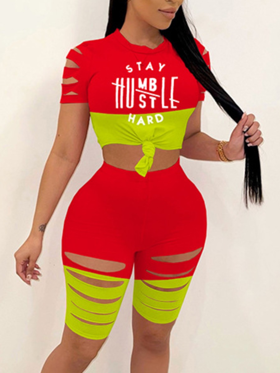 

Lovely Street Letter Print Ripped Red Two Piece Shorts Set