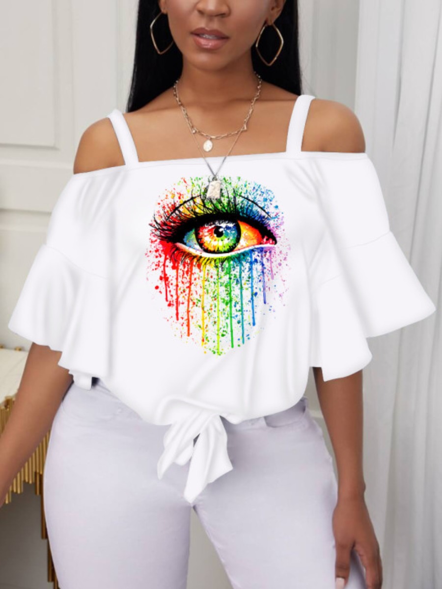 

LW Plus Size Casual Eye Print Bandage Design White T-shirt