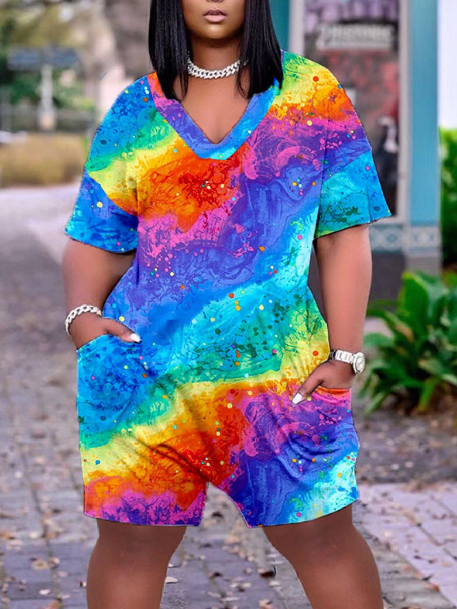 

Lovely Plus Size Casual Tie-dye Blue One-piece Romper