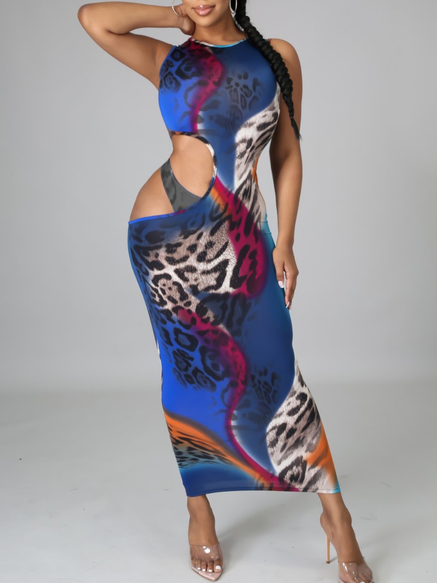 

LW Street Leopard Print Hollow-out Blue Ankle Length Dress