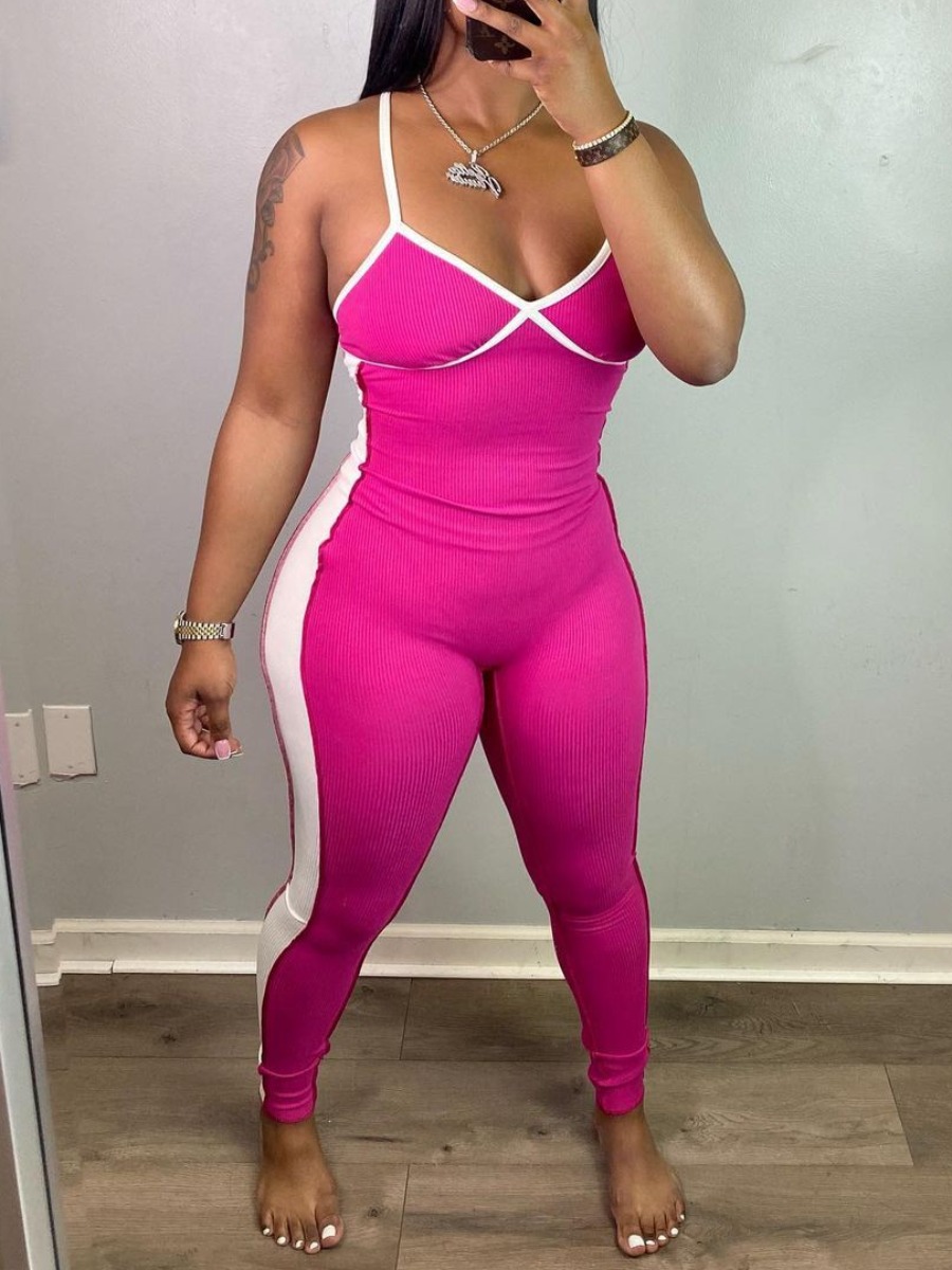 

LW Sporty Backless Striped Rose Red Active One-piece Jumpsuit