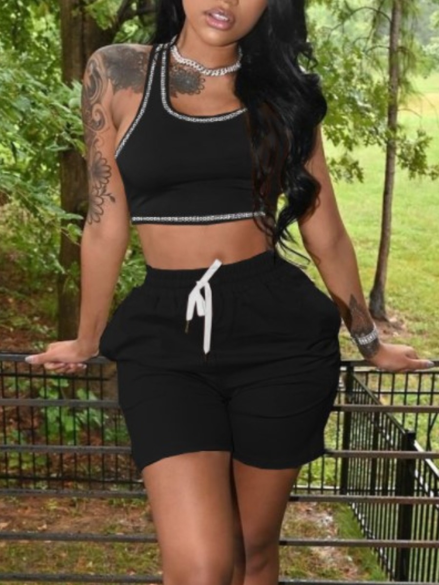LW Sporty U Neck Drawstring Black Two Piece Shorts Set
