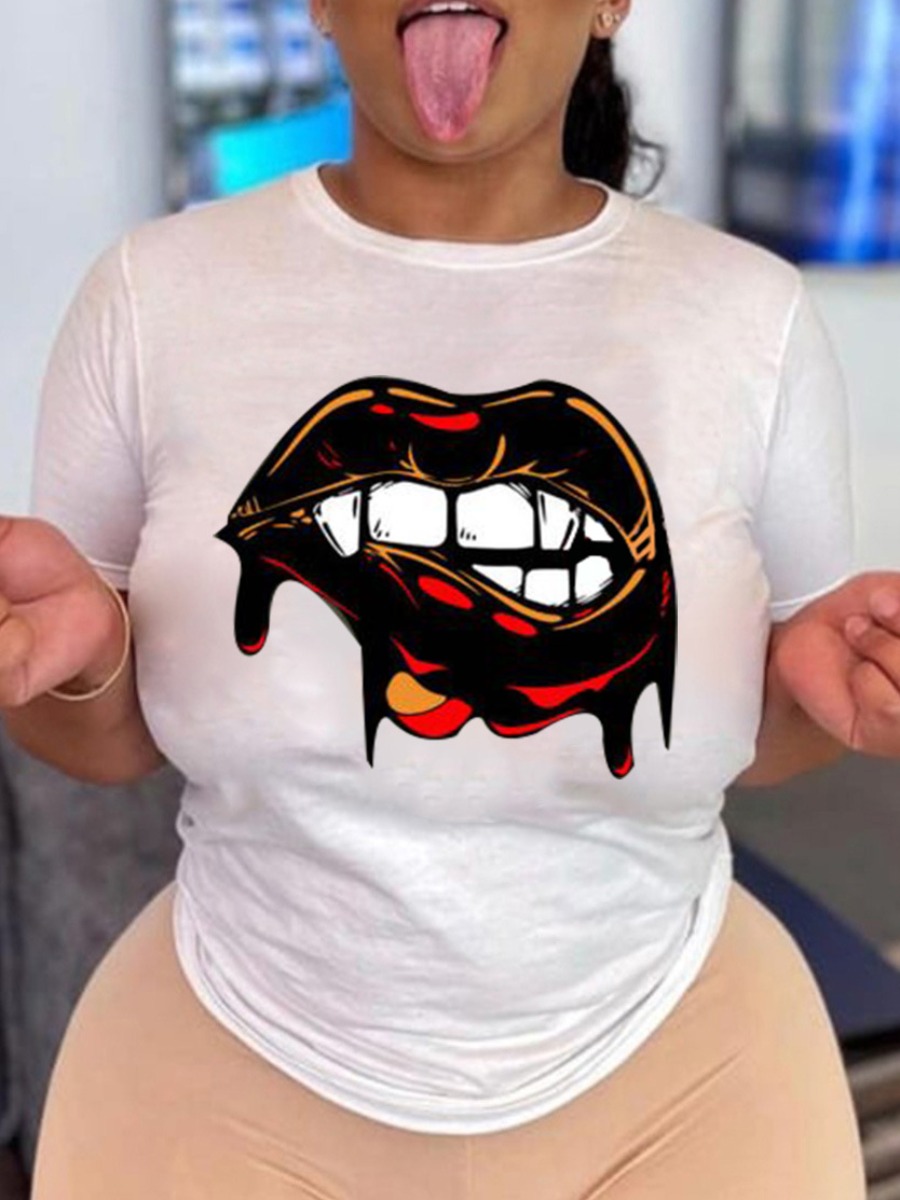 

Lovely Casual O Neck Lip Print White T-shirt