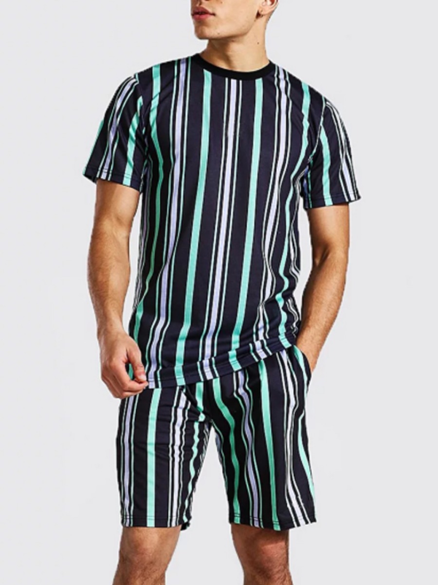 

Lovely Men Casual Striped Drawstring Black Two Piece Shorts Set