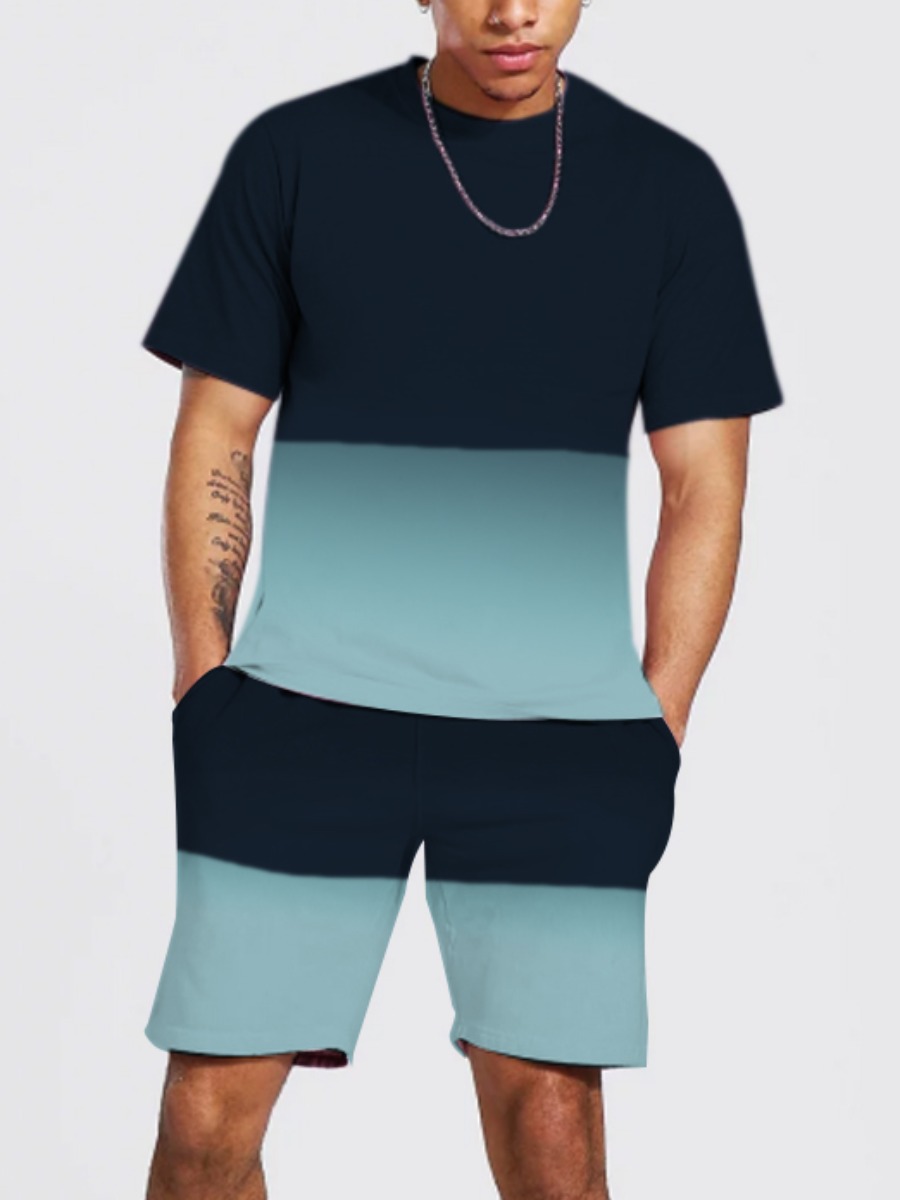 

Lovely Men Casual Color-lump Drawstring Canal Blue Two Piece Shorts Set