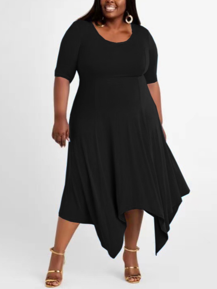 

Lovely Plus Size Casual U Neck Black Mid Calf Asymmetrical Dress