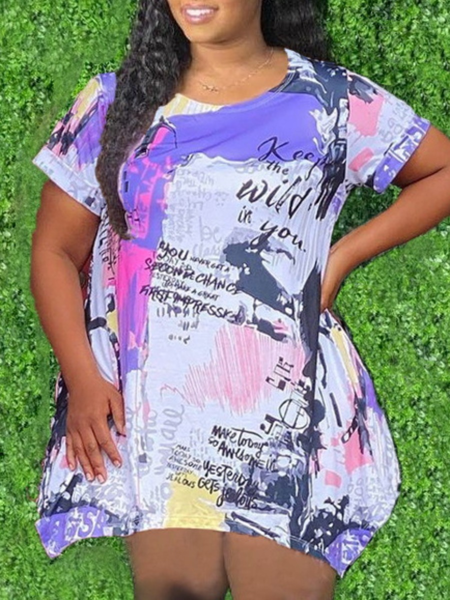 

LW Plus Size Casual Tie-dye Letter Print Purple T-shirt