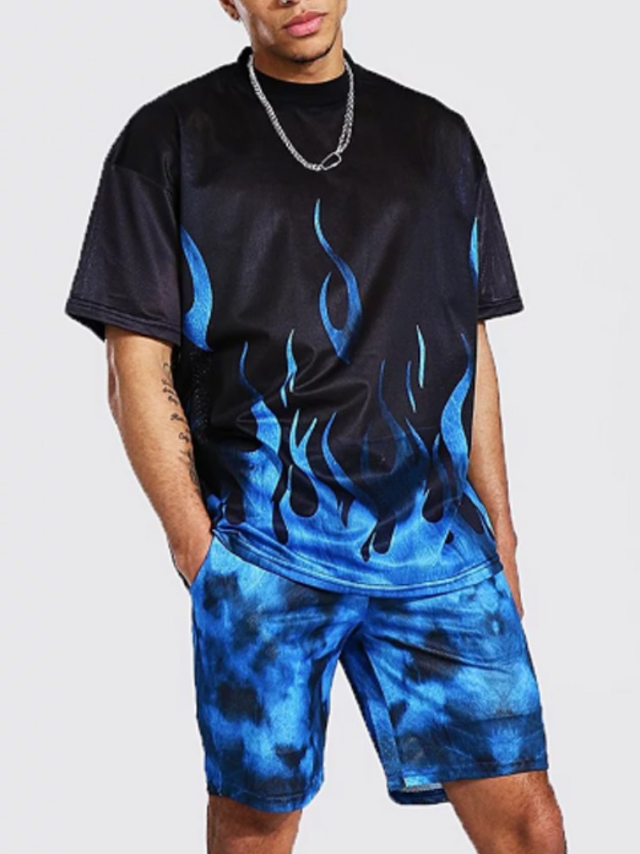 

Lovely Men Street O Neck Flame Print Blue Two Piece Shorts Set