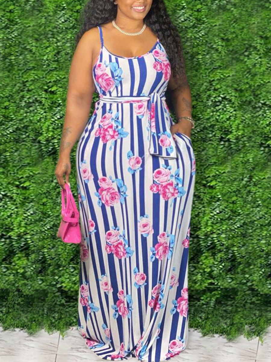 

Lovely Plus Size Casual Striped Floral Print Blue Floor Length Dress