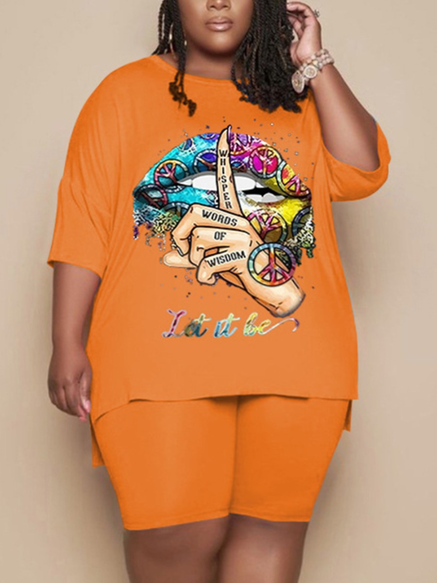 

Lovely Plus Size Casual Lip Letter Print Split Orange Two Piece Shorts Set