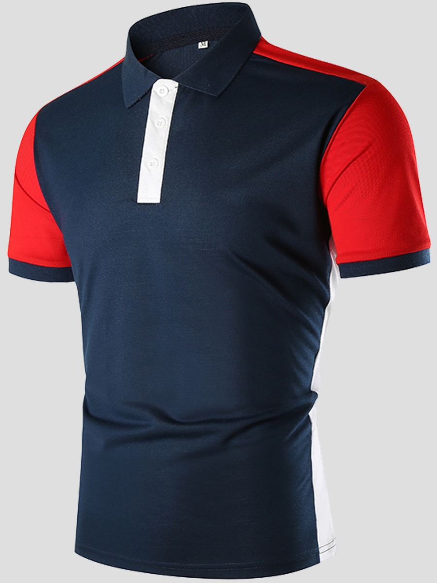 

Lovely Casual Turndown Collar Color-lump Navy Blue Polo