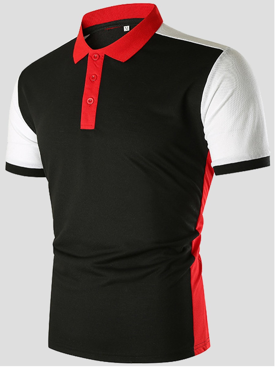 

Lovely Casual Turndown Collar Color-lump Black Polo