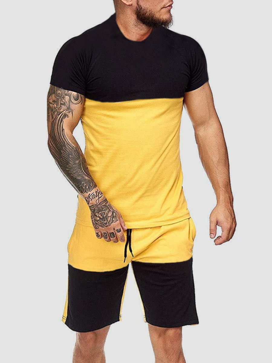 

Lovely Men Casual Color-lump Drawstring Yellow Two Piece Shorts Set