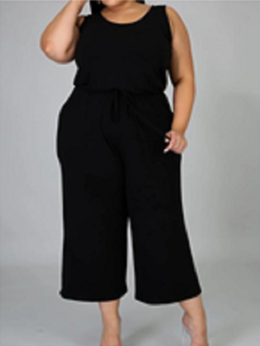 

Lovely Plus Size Casual O Neck Drawstring Black One-piece Jumpsuit