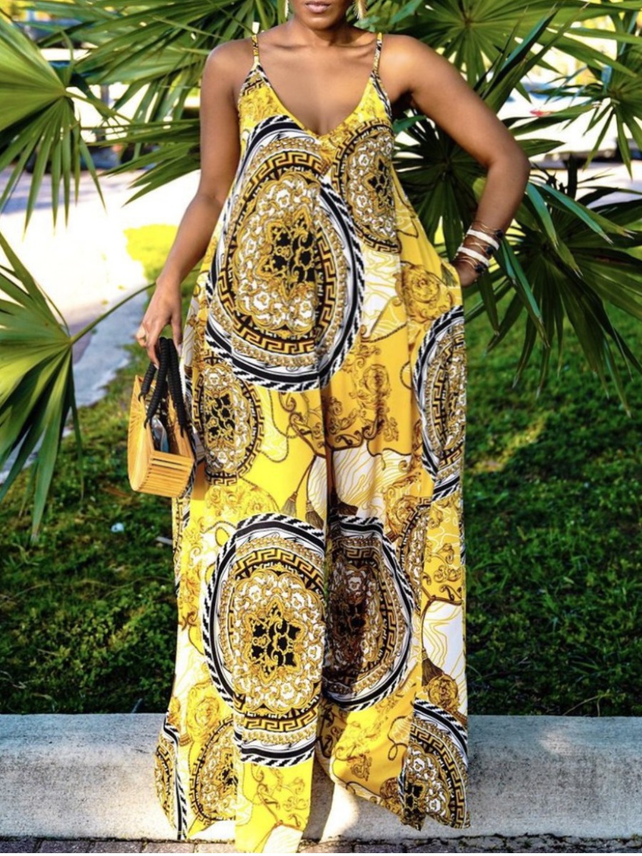 

Lovely Plus Size Boho Print Patchwork Yellow One-piece Jumpsuit