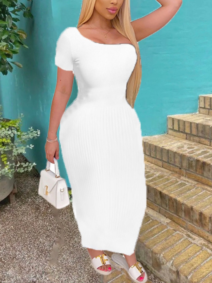 

Lovely Casual One Shoulder Basic Skinny White Ankle Length Dress