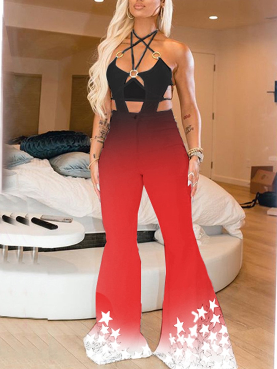 

Lovely Street Gradient Star Print Bandage Design Black One-piece Jumpsuit
