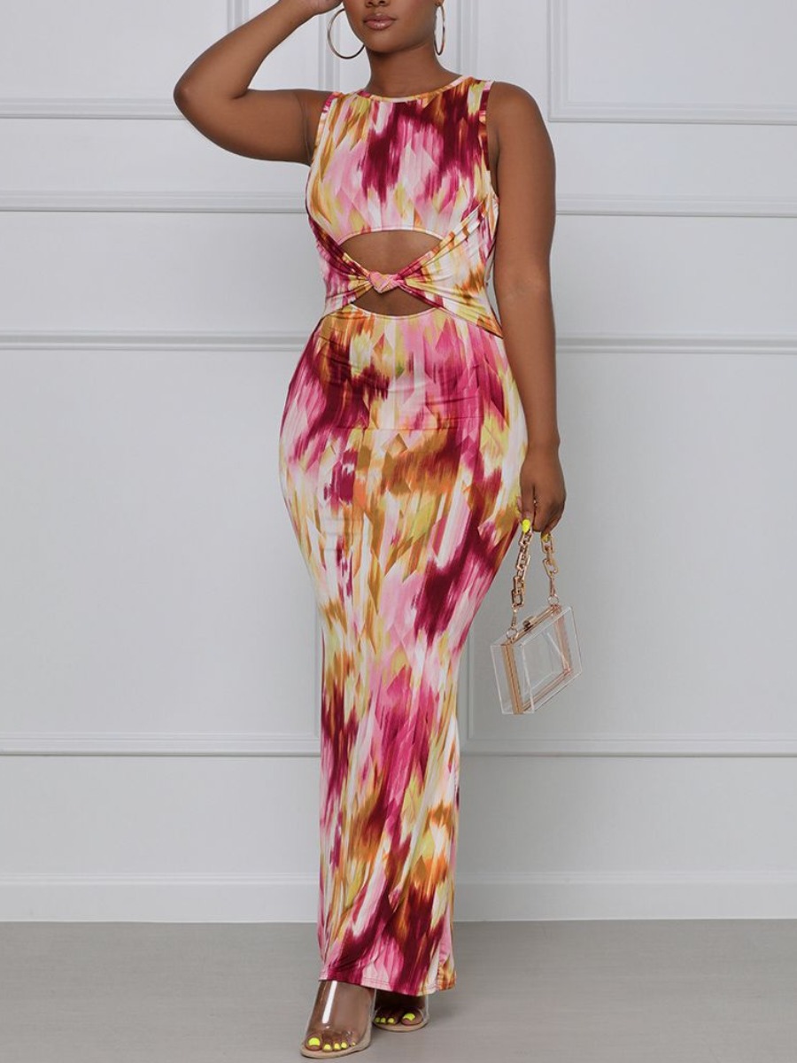 Lovely Casual Tie-dye Hollow-out Multicolor Ankle Length Dress, Multi