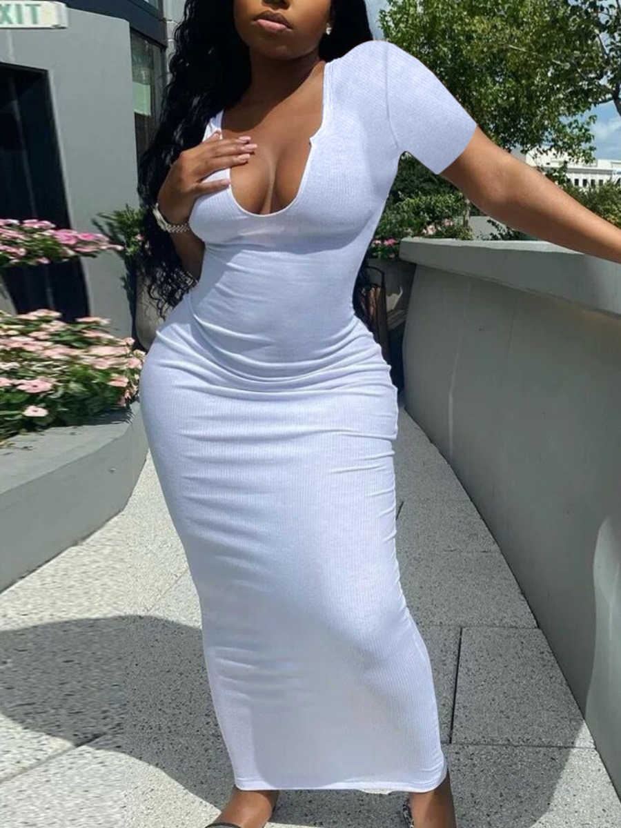 

LW Casual U Neck Basic Skinny White Ankle Length Dress
