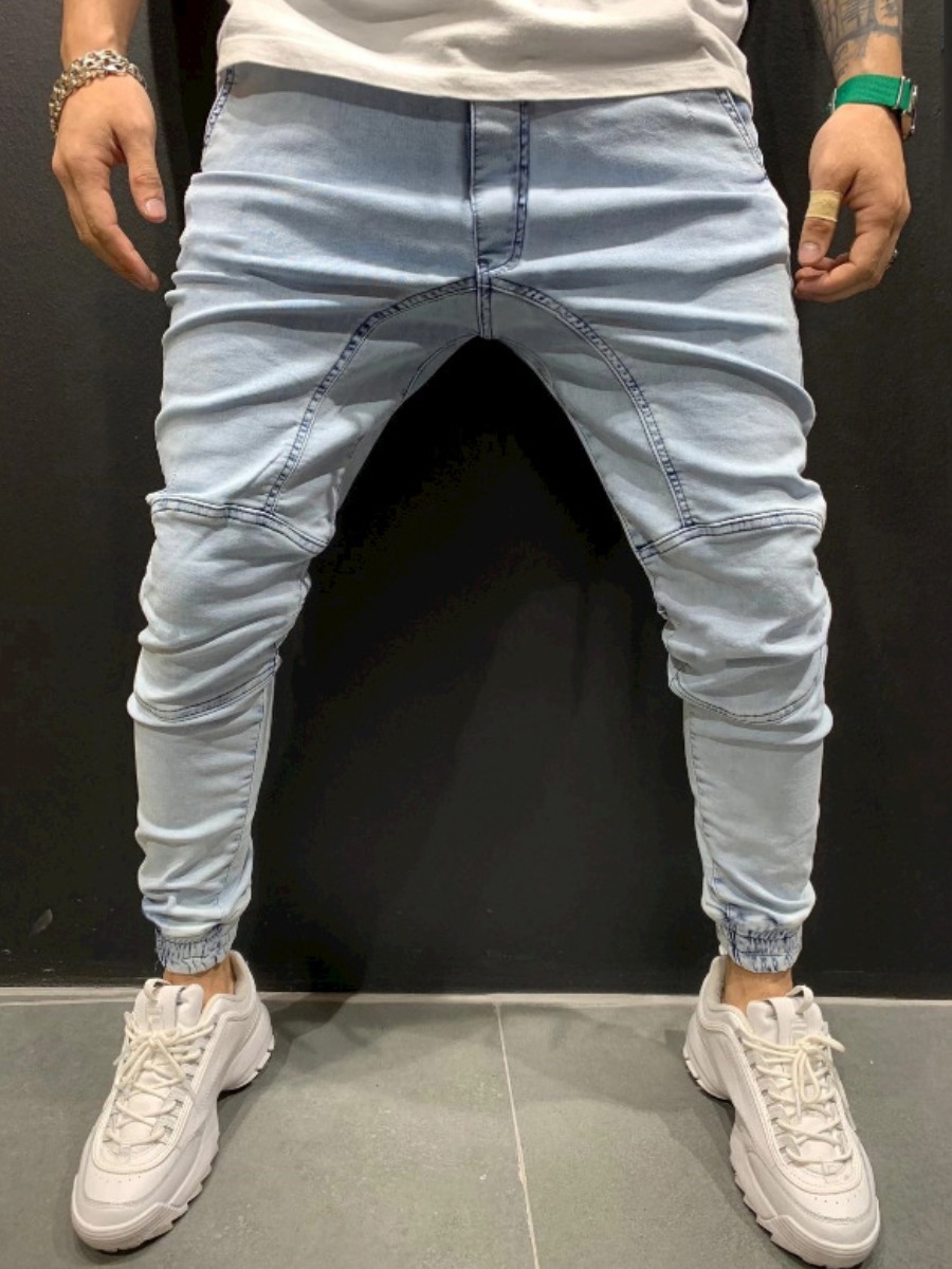 

Lovely Men Casual Mid Waist Elastic Skyblue Jeans