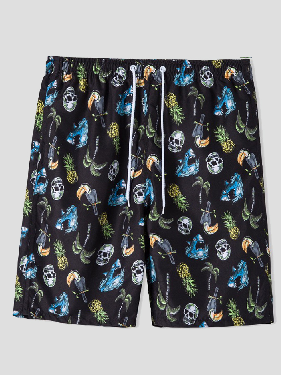 

Lovely Men Boho Skull Head Print Drawstring Black Swimming Trunk