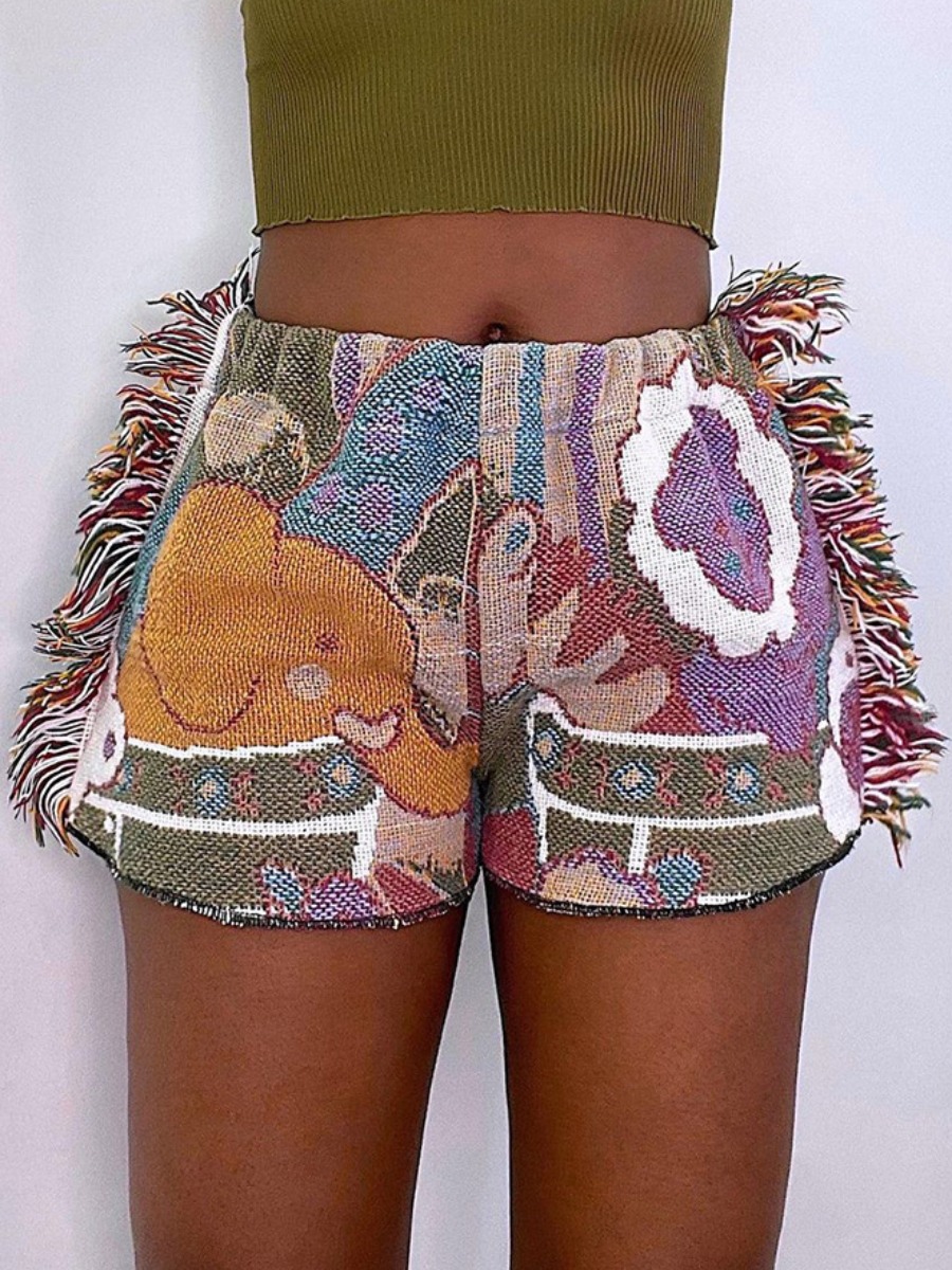 

Lovely Casual Print Tassel Design Purple Shorts