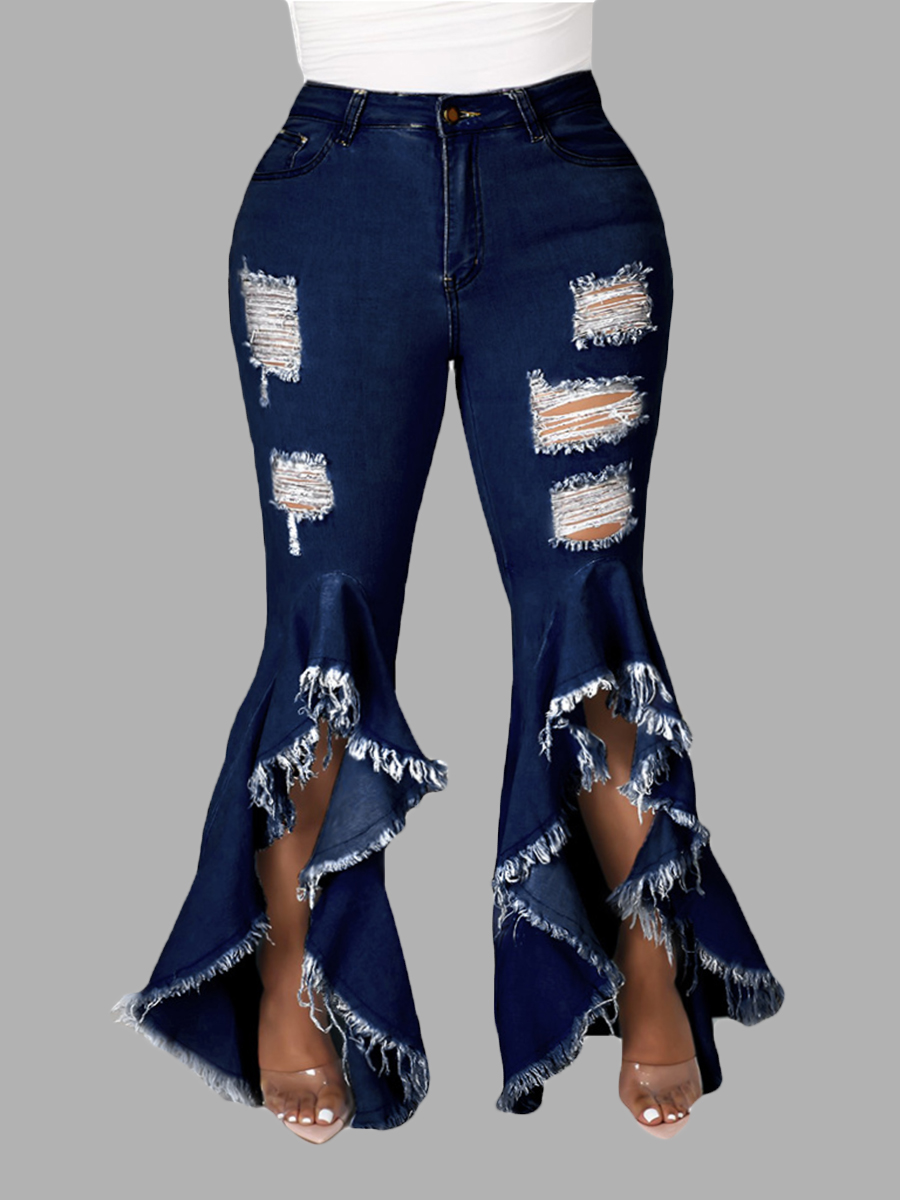 

LW Plus Size High Stretchy Ripped Flared Flounce Design Jeans, Deep blue