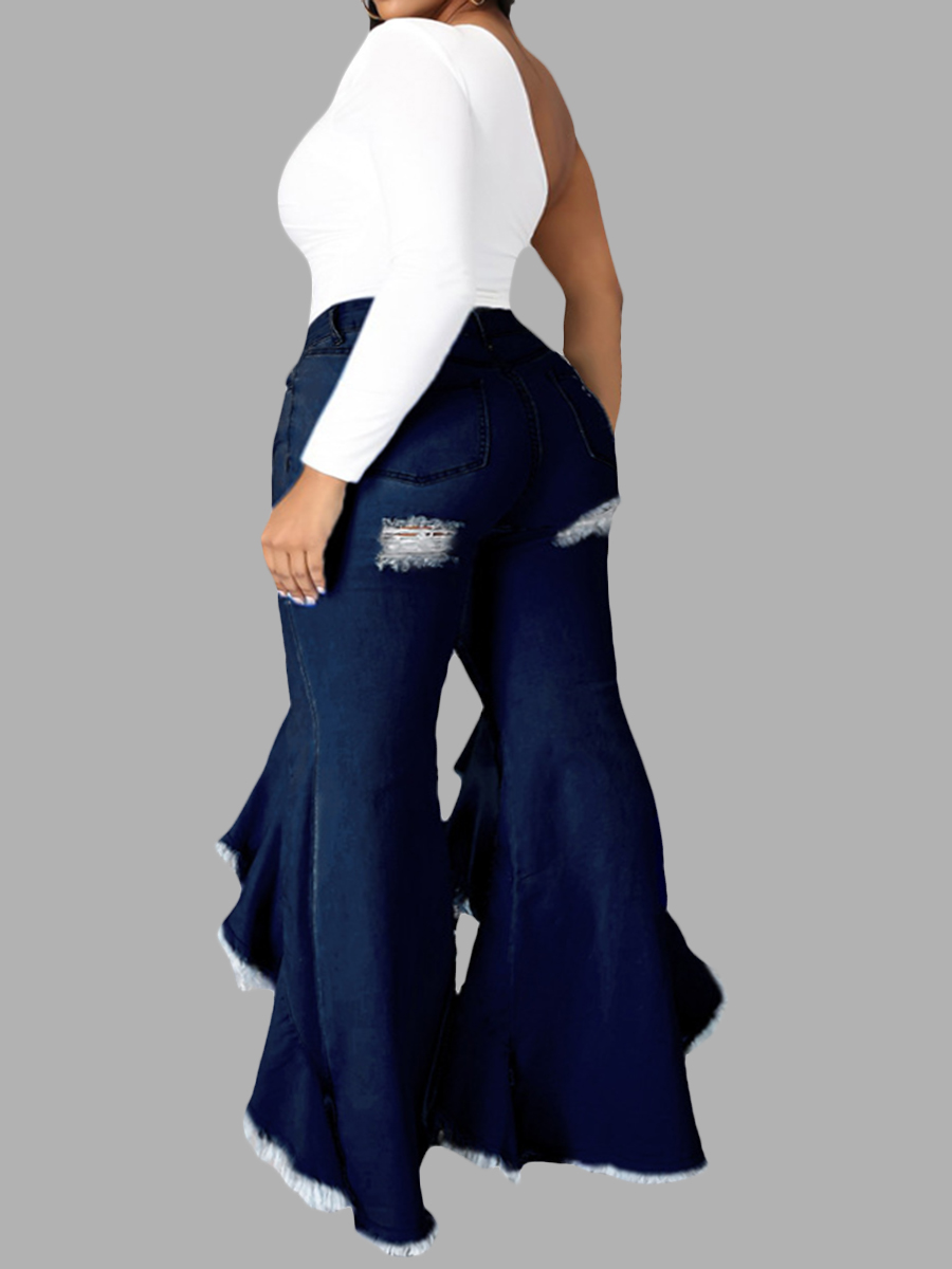 Lovely Plus Size Sweet Ripped Flared Flounce Design Deep Blue Jeans