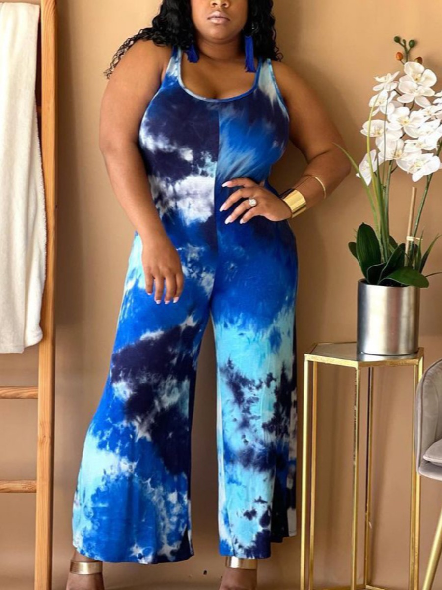 

Lovely Plus Size Casual U Neck Tie-dye Blue One-piece Jumpsuit