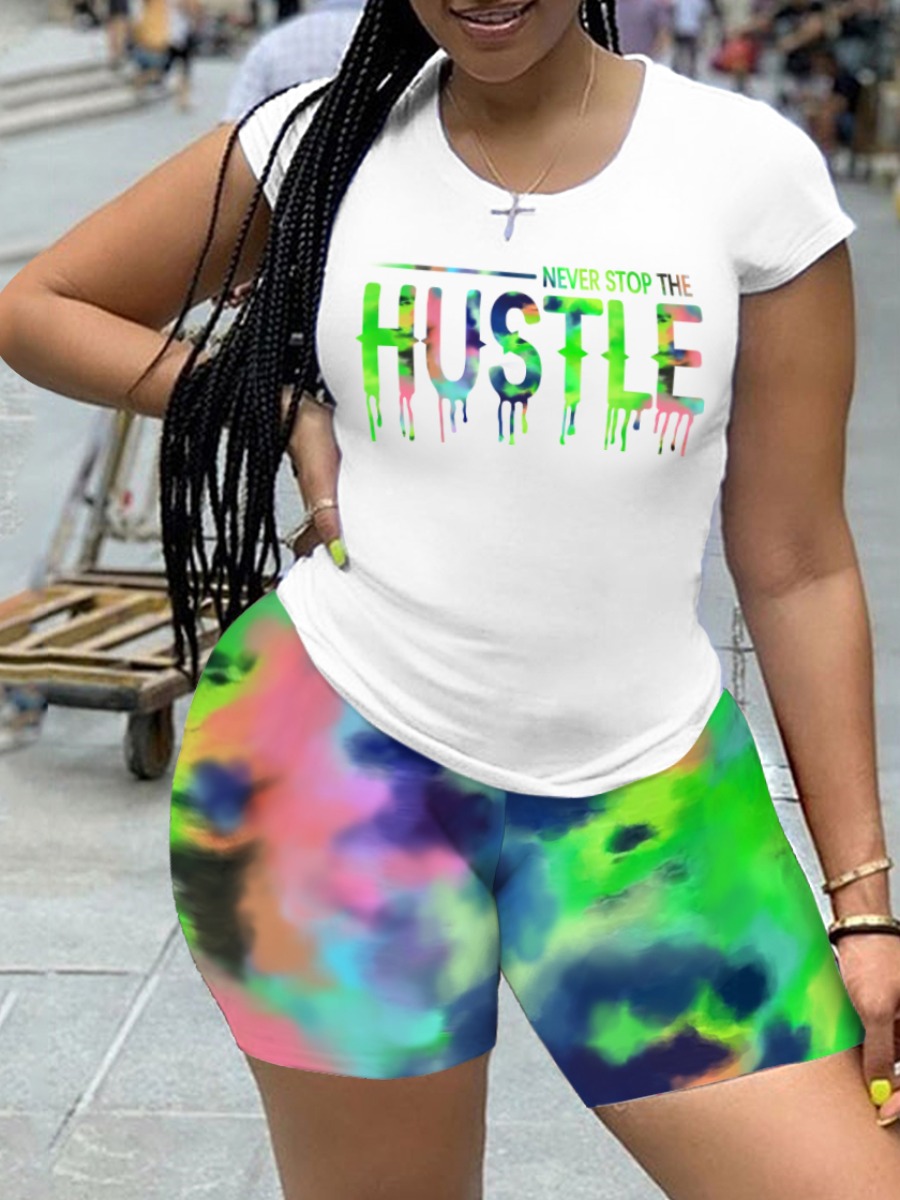 

LW Casual Letter Print Tie Dye White Two Piece Shorts Set