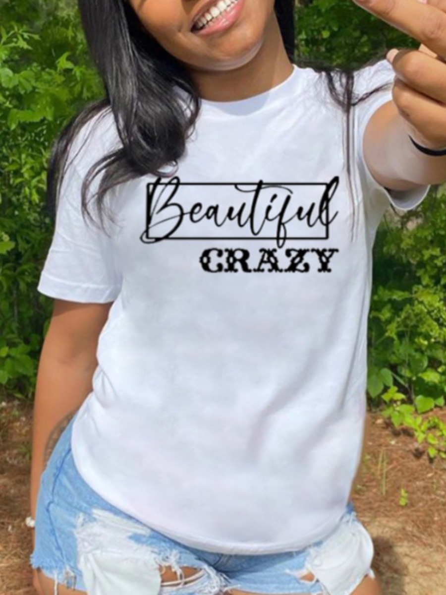 

Lovely Plus Size Casual O Neck Letter Print White T-shirt