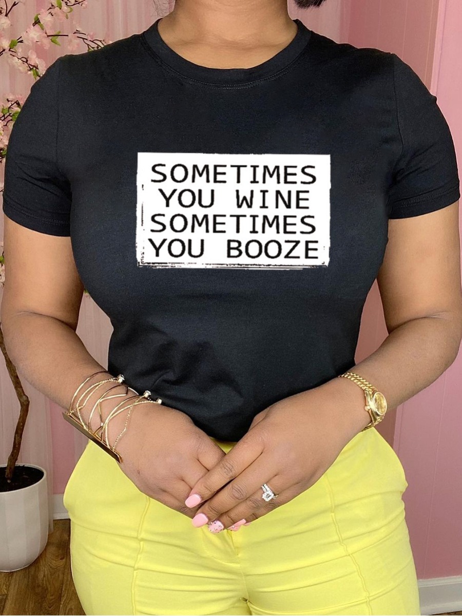 

Lovely Plus Size Casual O Neck Letter Print Black T-shirt
