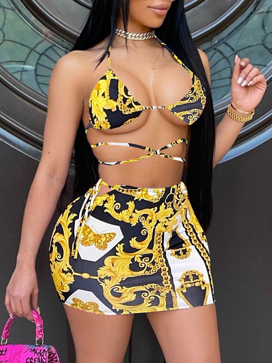 

LW Butterfly Print Backless Bandage Design Skirt Set, Black