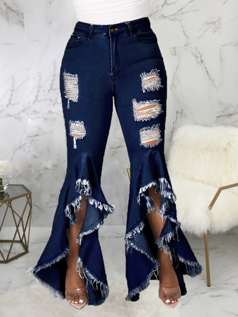 

LW High Stretchy Ripped Flared Flounce Design Deep Blue Jeans