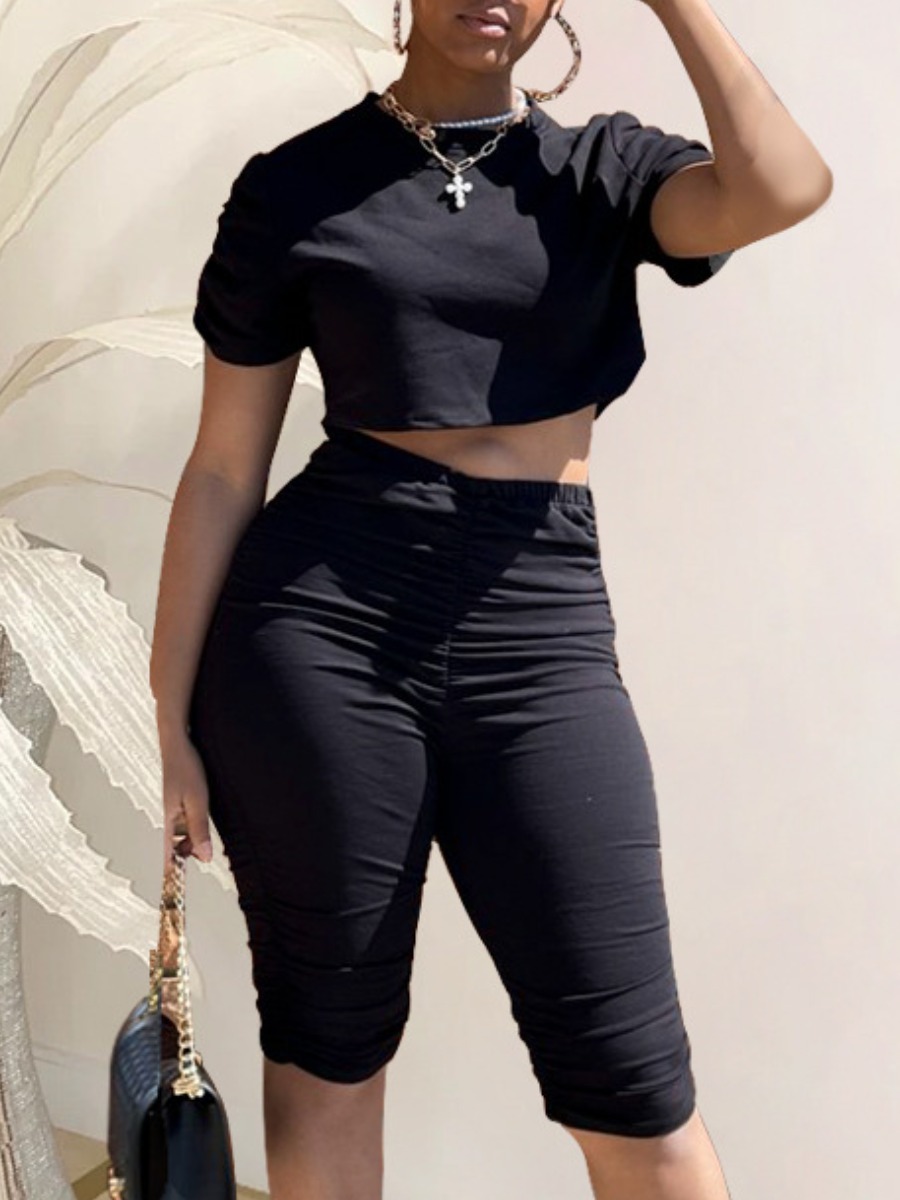 

Lovely Casual O Neck Ruched Black Two Piece Shorts Set