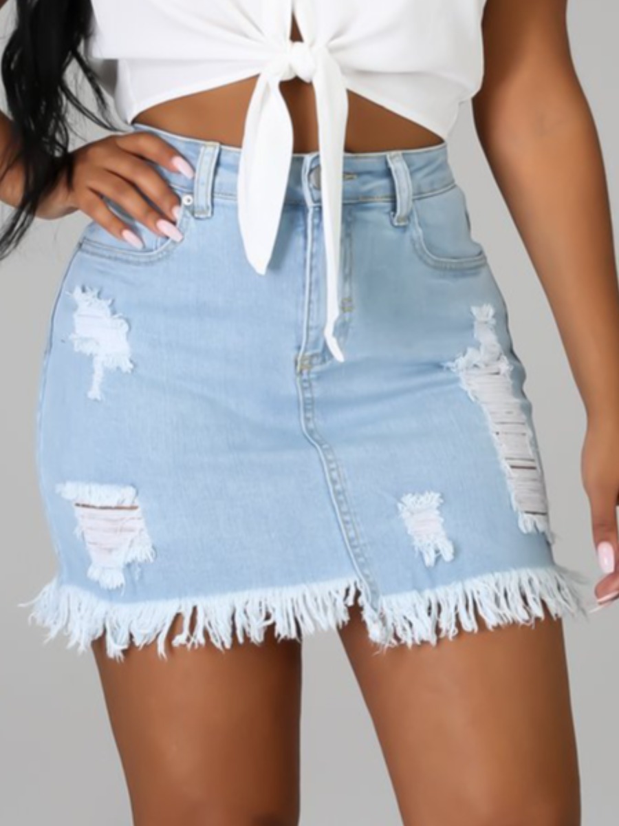 

Lovely Casual Ripped Raw Edge Baby Blue Denim Skirt