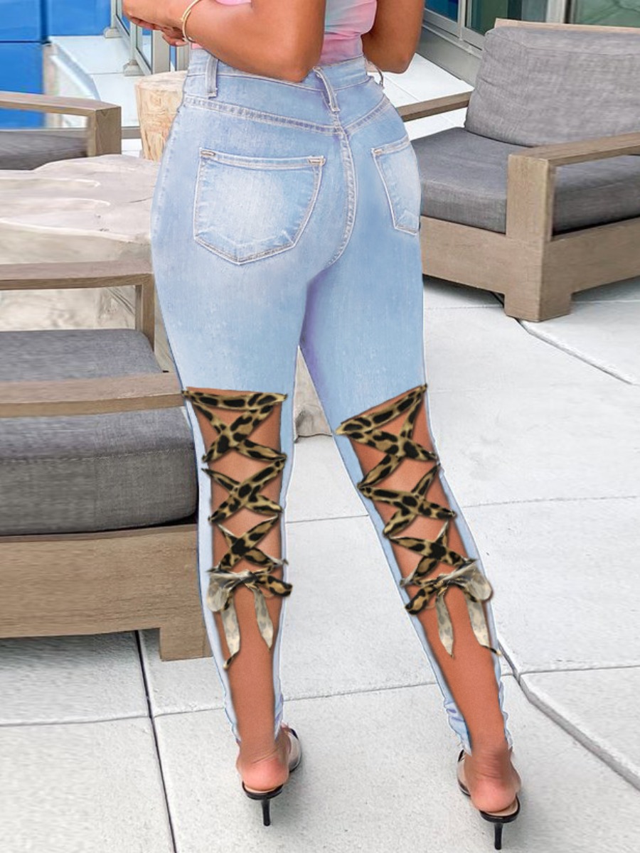 

Lovely Sexy Ripped Bandage Design Baby Blue Jeans