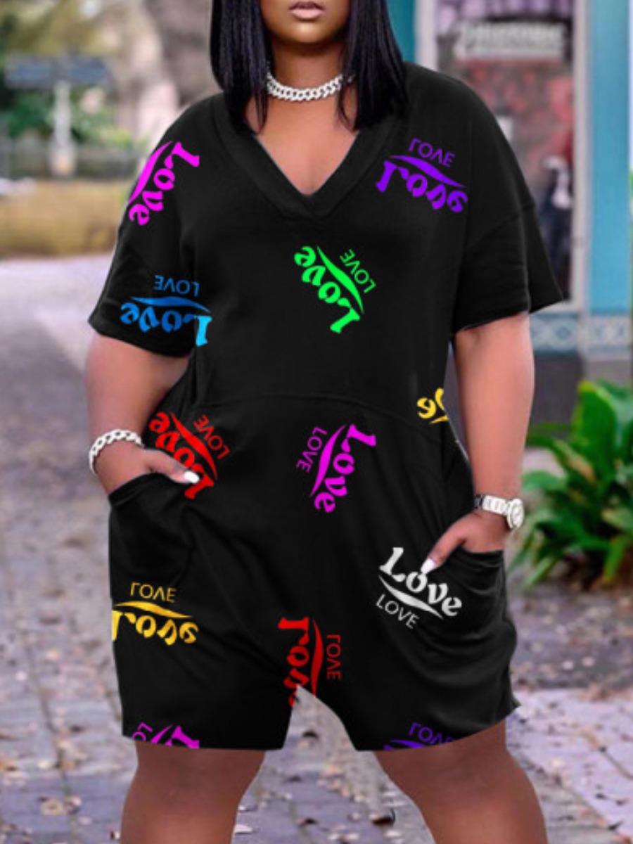 

Lovely Plus Size Casual V Neck Letter Print Black One-piece Romper