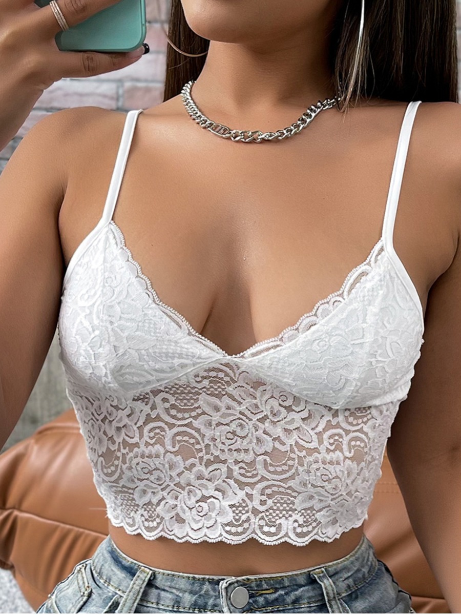 

Lovely Sexy See-through Floral Decoration White Camisole