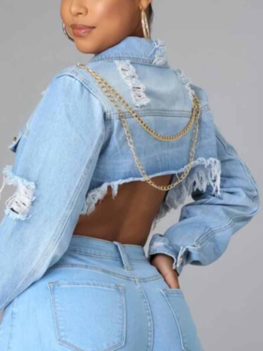 

LW Turndown Collar Ripped Denim Jacket, Baby blue