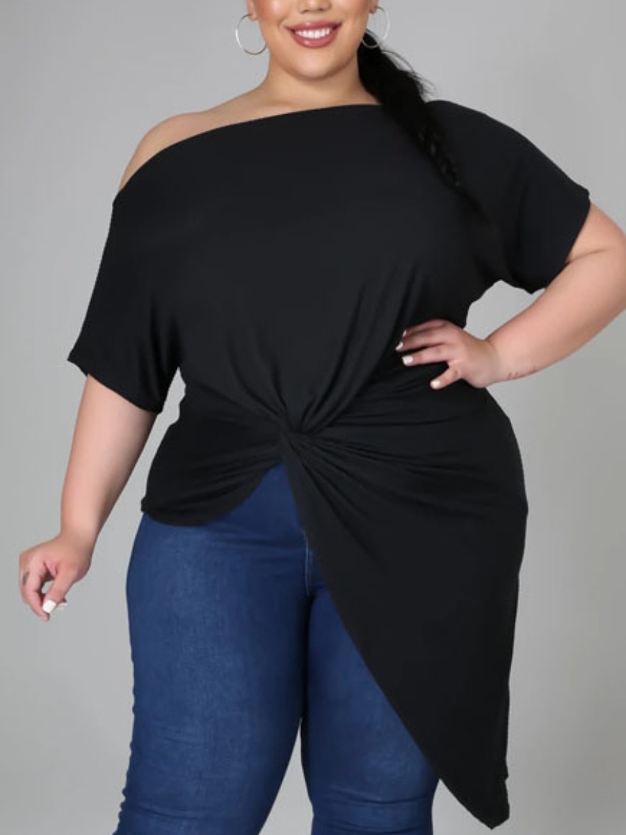 

Lovely Plus Size Casual Boat Neck Front Twist Black T-shirt