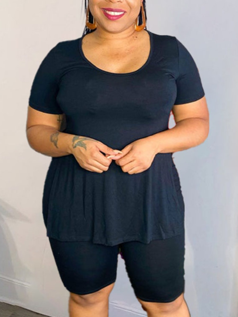 

Lovely Plus Size Casual O Neck Split Black Two-piece Shorts Set