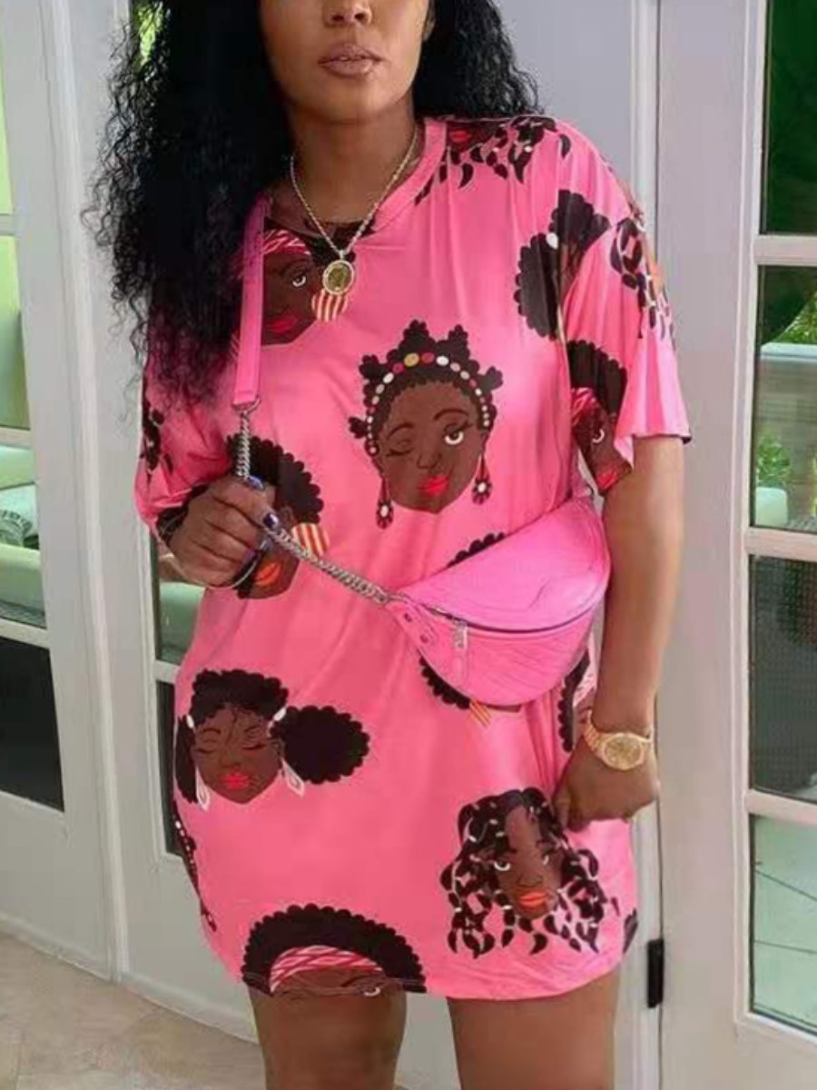 

LW BASICS Plus Size Casual O Neck Figure Print Pink Mini Dress