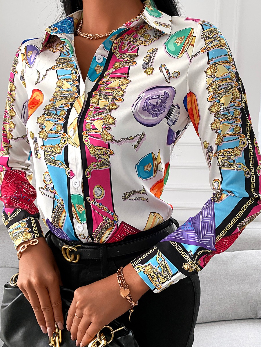 

Lovely Street Turndown Collar Chain Print Multicolor Blouse, Multi