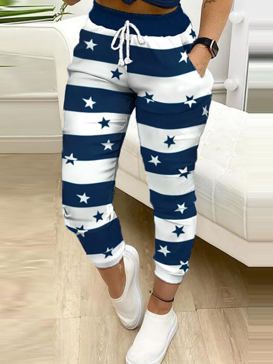 

Lovely Casual Striped Star Print Blue Pants